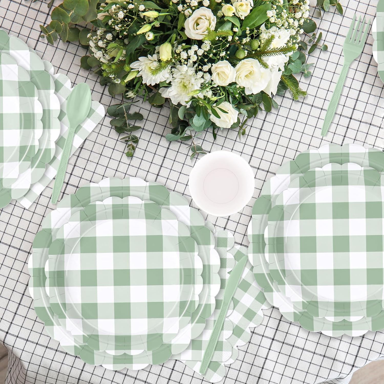 175 PCS Sage Green Gingham Plates Napkins Set for Party
