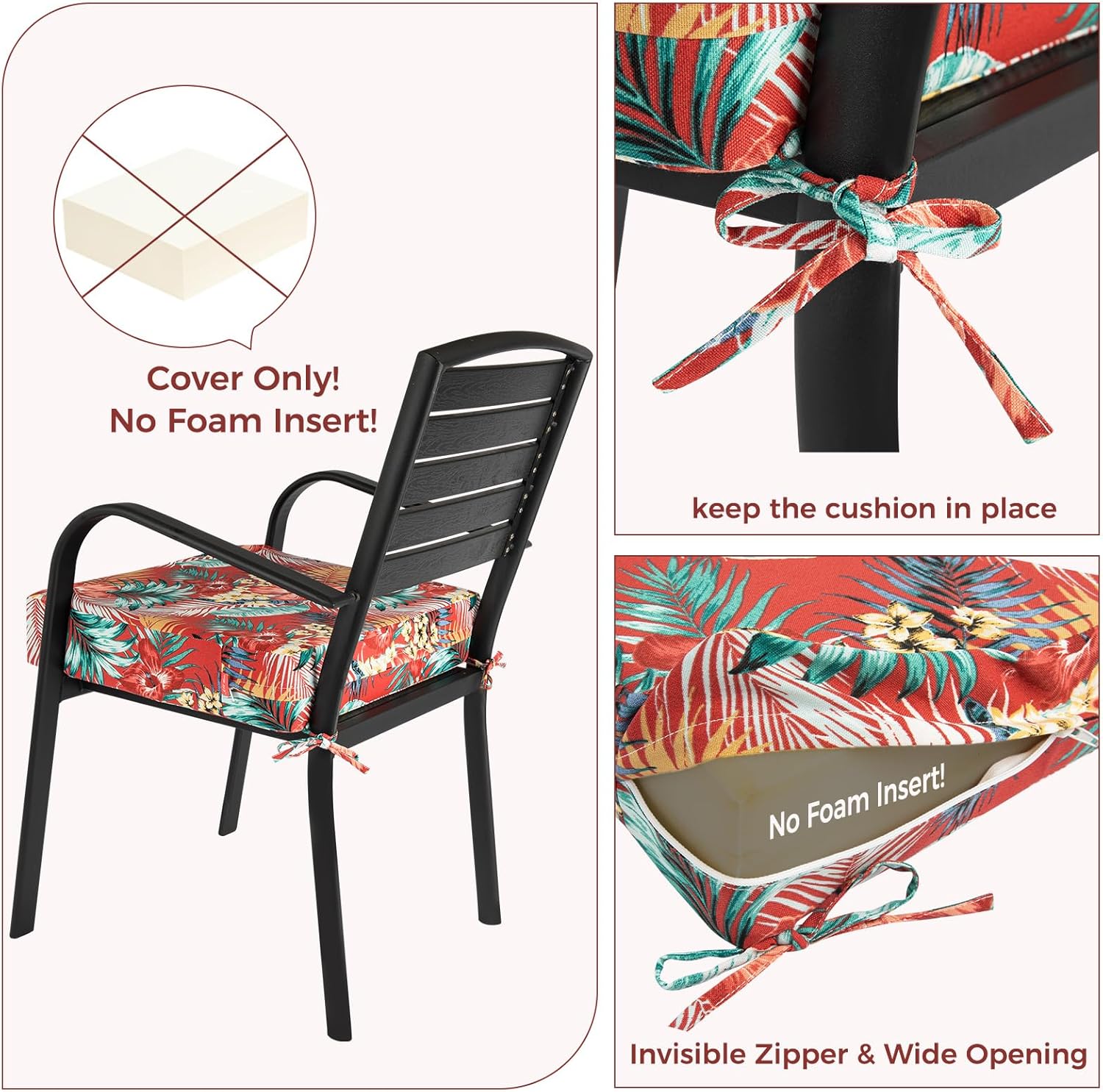IN4 Care Patio Cushion Covers with Ties 2 Pack Chili Red Floral