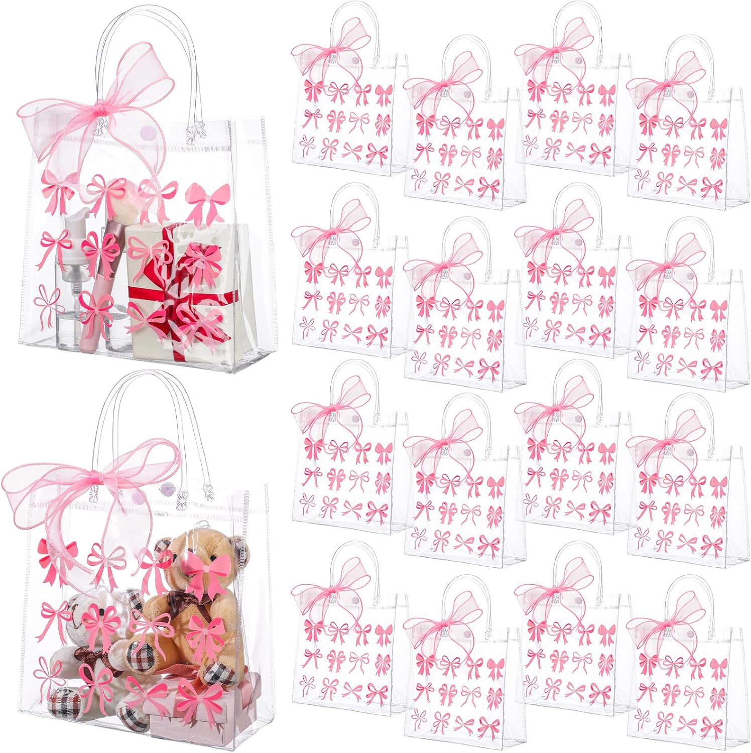 Kolldenn 24 Pcs Clear Gift Bags with Pink Bow Handles