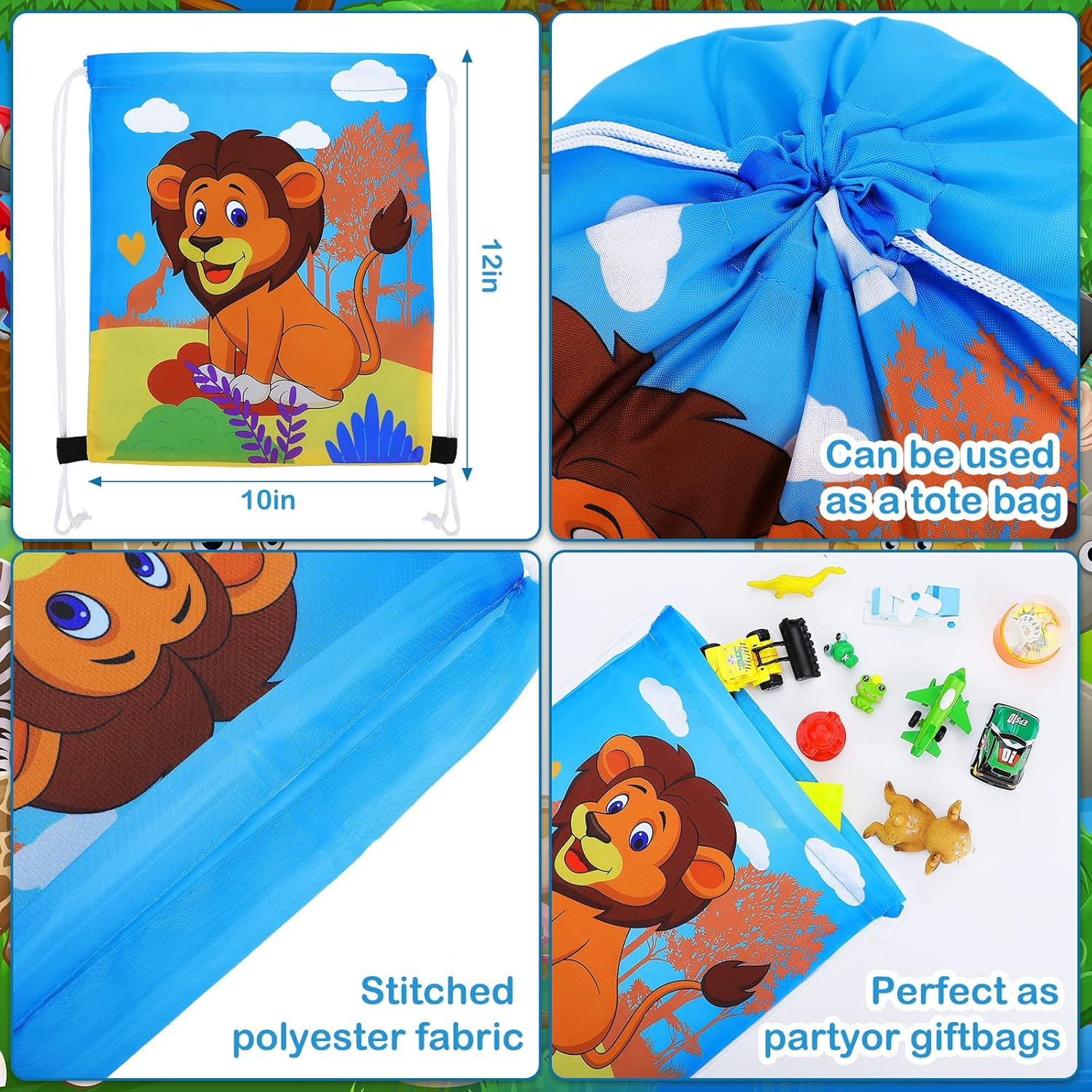 Gerrii 32 Piece Jungle Animal Drawstring Bags for Kids Birthday Party Supplies
