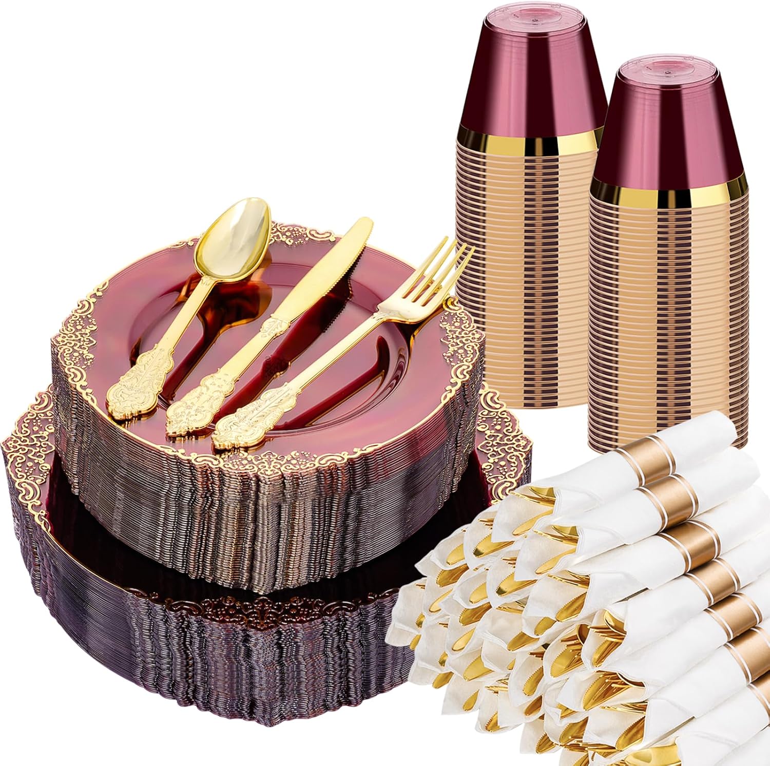 350 PCS Elegant Gold and Burgundy Plastic Dinnerware Set for 50 Guests