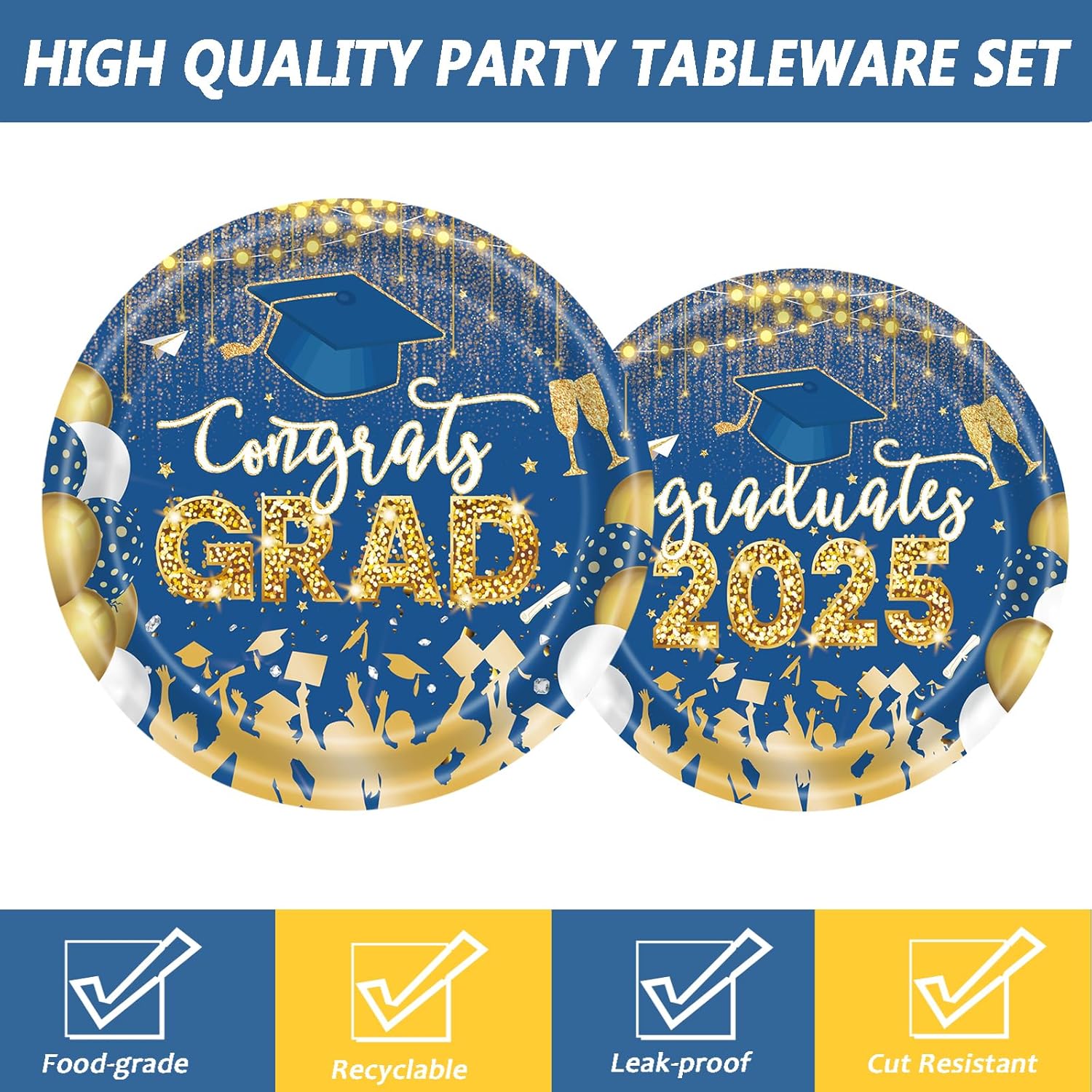 60 PCS Graduation Party Plates Napkins Decor Set Blue Gold