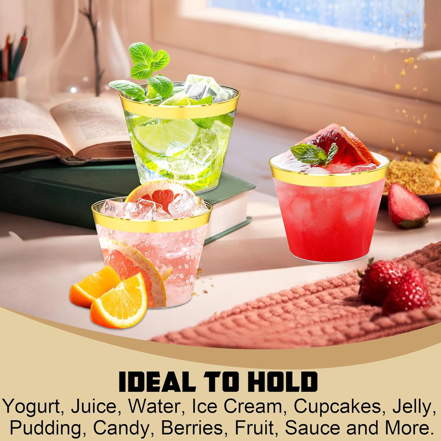 Zcaukya 100pcs 9oz Gold Rim Plastic Cups