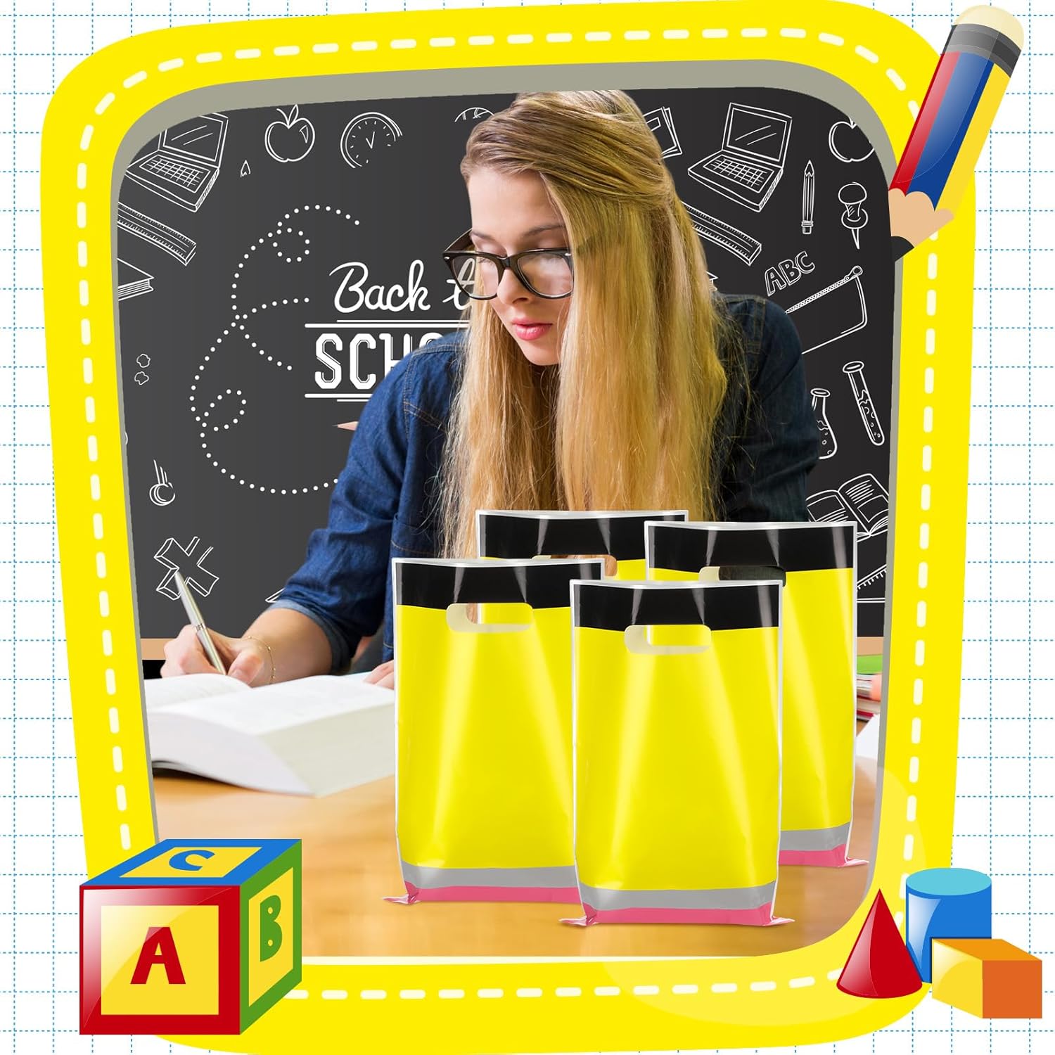 Ecally 50 Pcs Pencil Shaped Gift Bags for School Parties