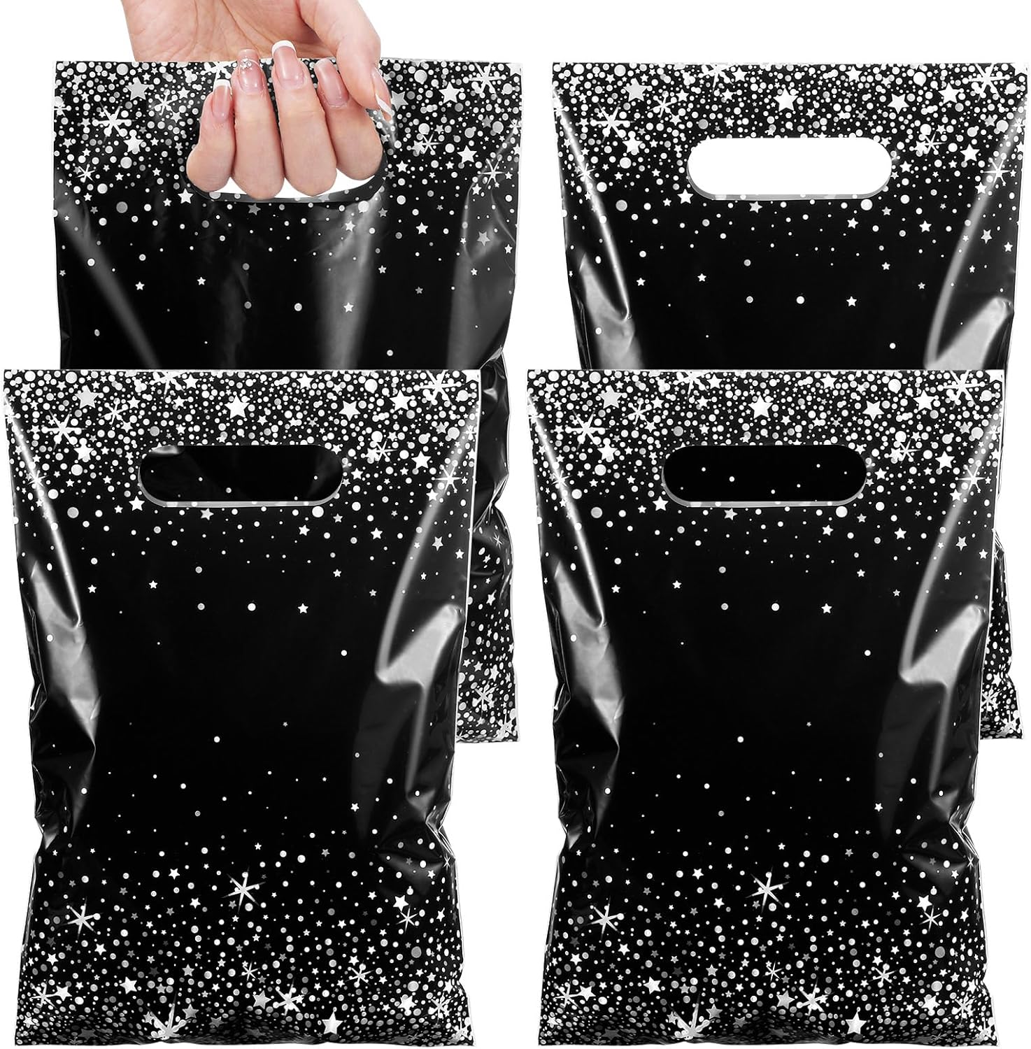 Pasimy 50 Pcs Black and Silver Gift Bags with Handles for Parties