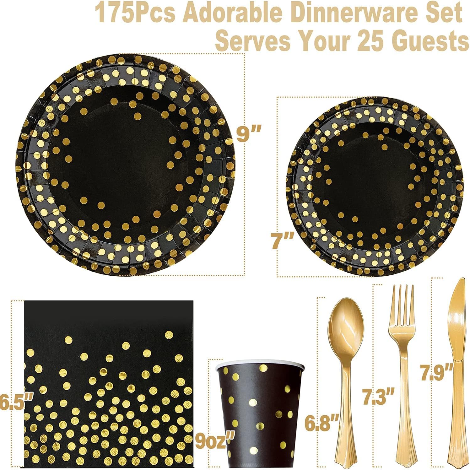 AIRE Black and Gold Paper Plates for 25 Guests Party Set