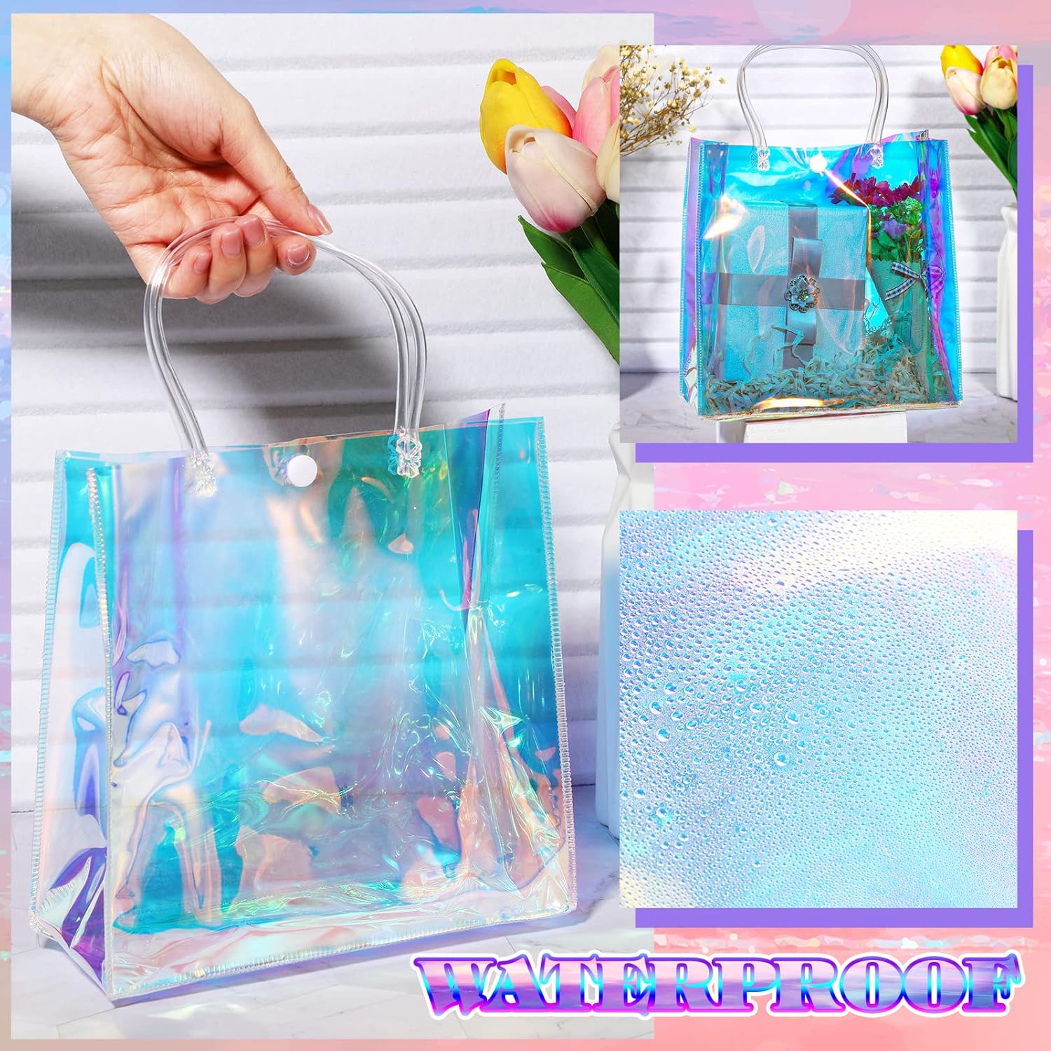 Sherr 16 Pcs Iridescent Holographic Gift Bags with Handles