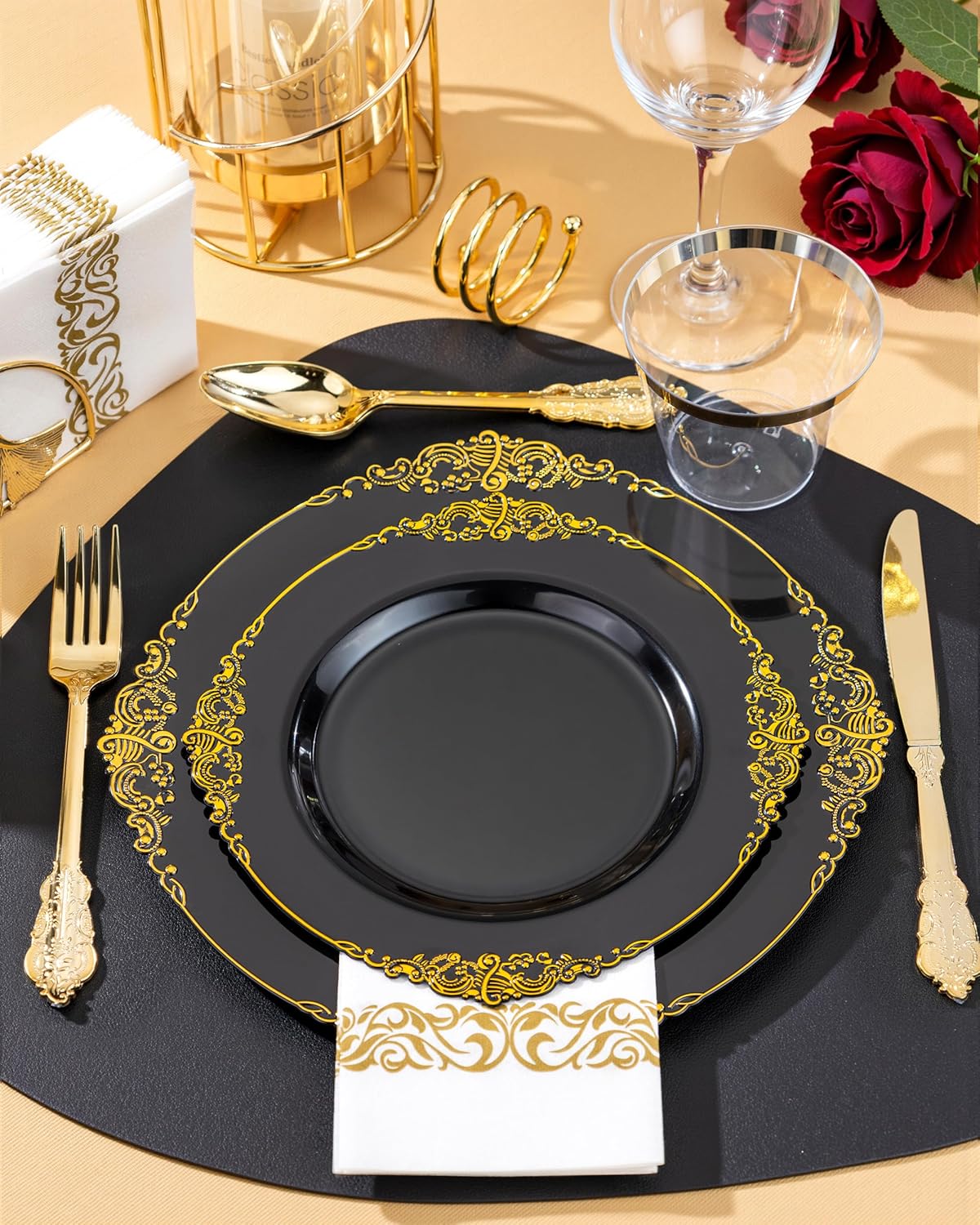 Nervure 350PCS Black Plastic Plates Set for 50 Guests