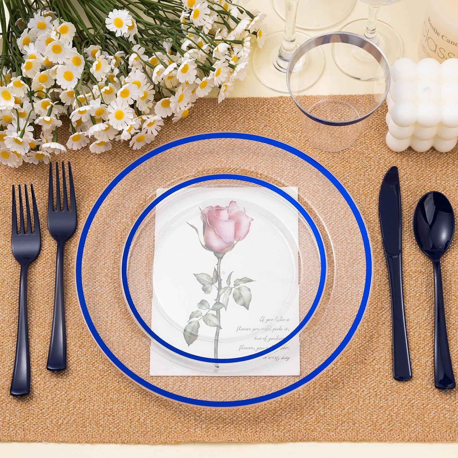 350PCS Blue and Clear Plastic Dinnerware Set for 50 Guests