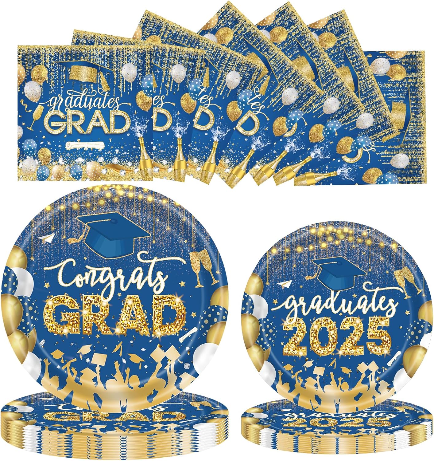 60 PCS Graduation Party Plates Napkins Decor Set Blue Gold