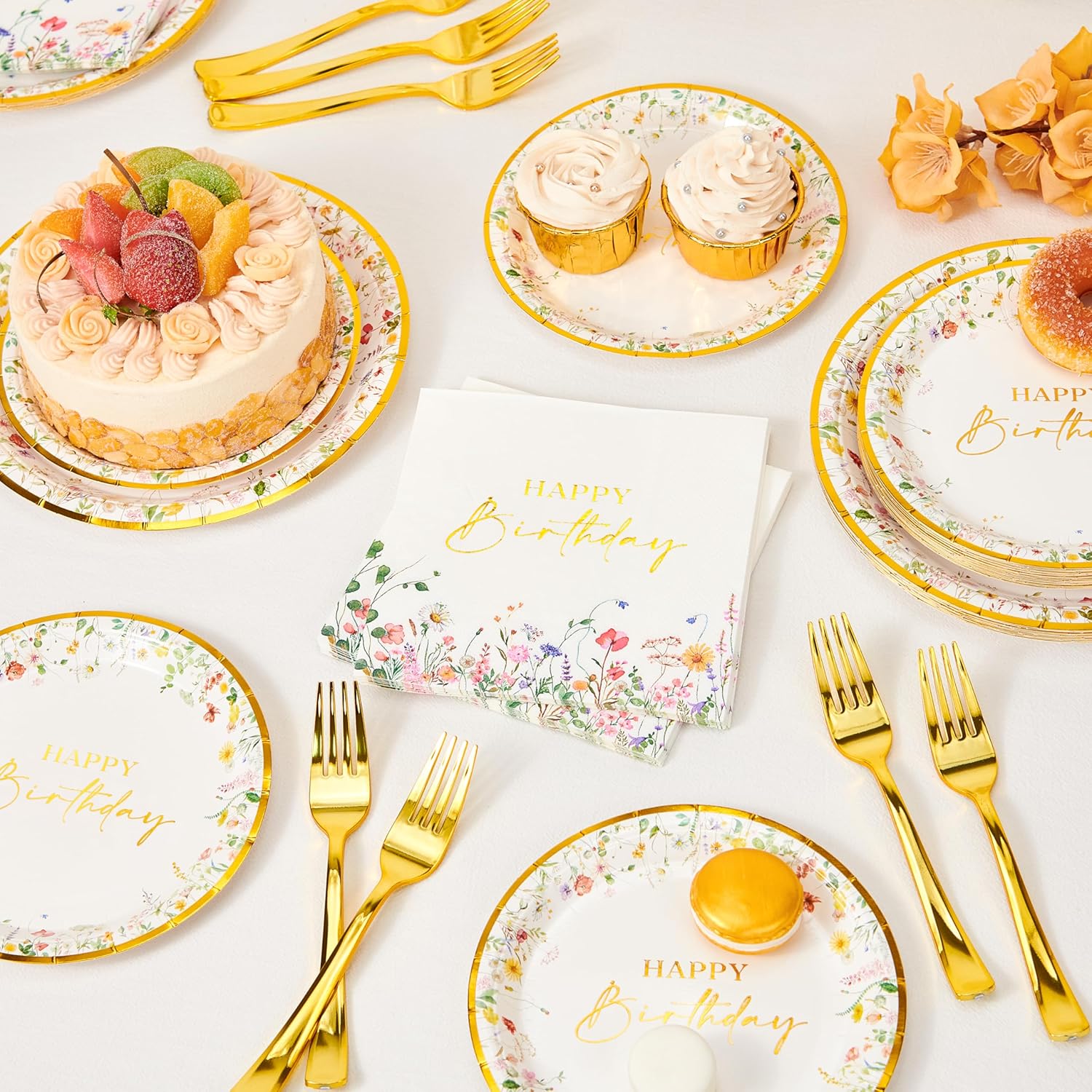 Crisky Gold Foil Birthday Plates and Napkins Set of 24