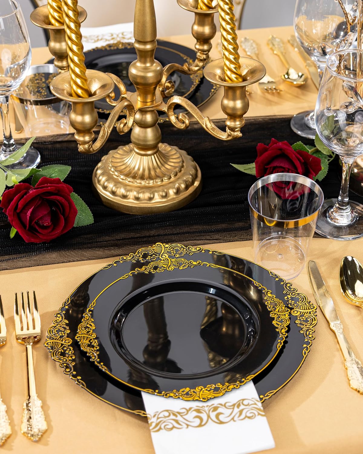 Nervure 350PCS Black Plastic Plates Set for 50 Guests