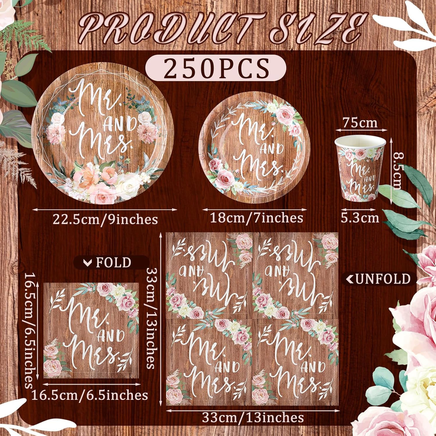 Zhehao 250 Pcs Retro Bridal Shower Tableware Set