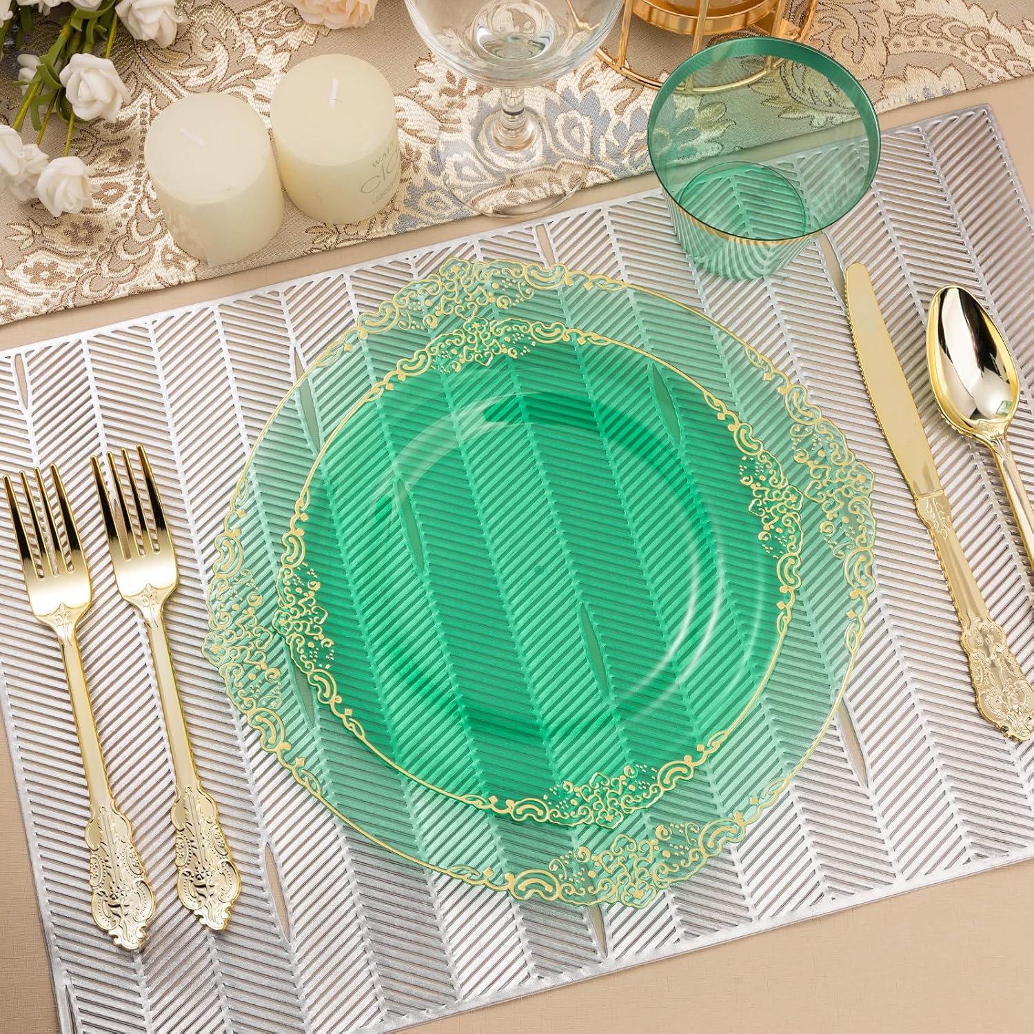 350PCS Clear Green Plastic Plates with Gold Trim for 50 Guests