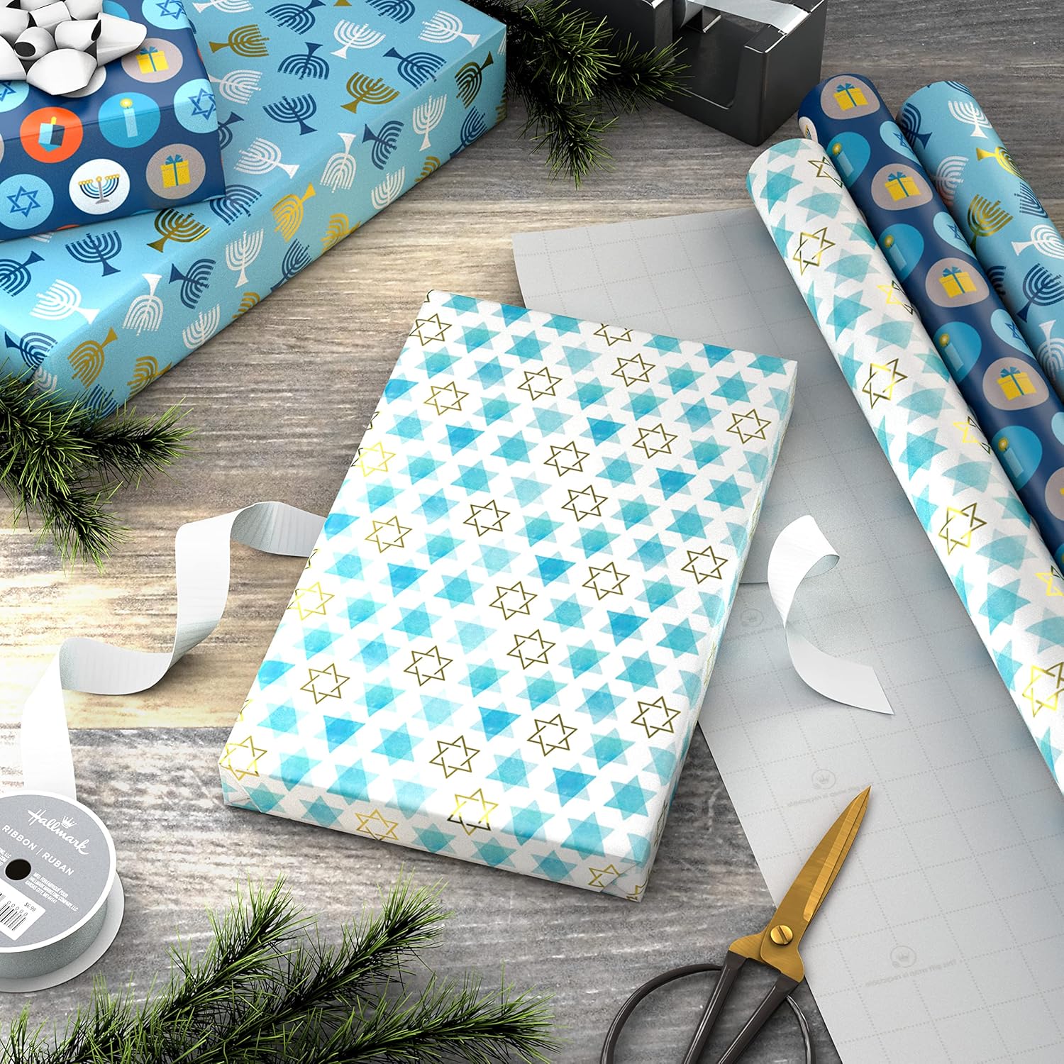 Hallmark Hanukkah Wrapping Paper with Cutlines Blue Gold Star of David