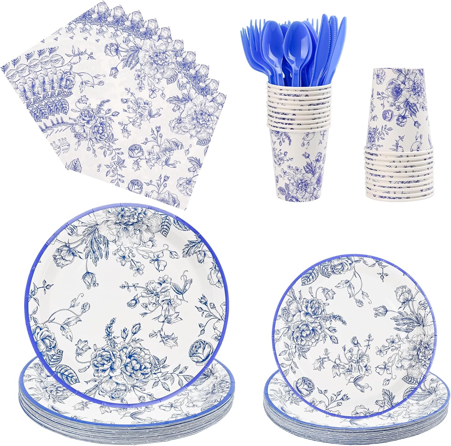 175Pcs Blue Floral Paper Plates and Napkins Party Set