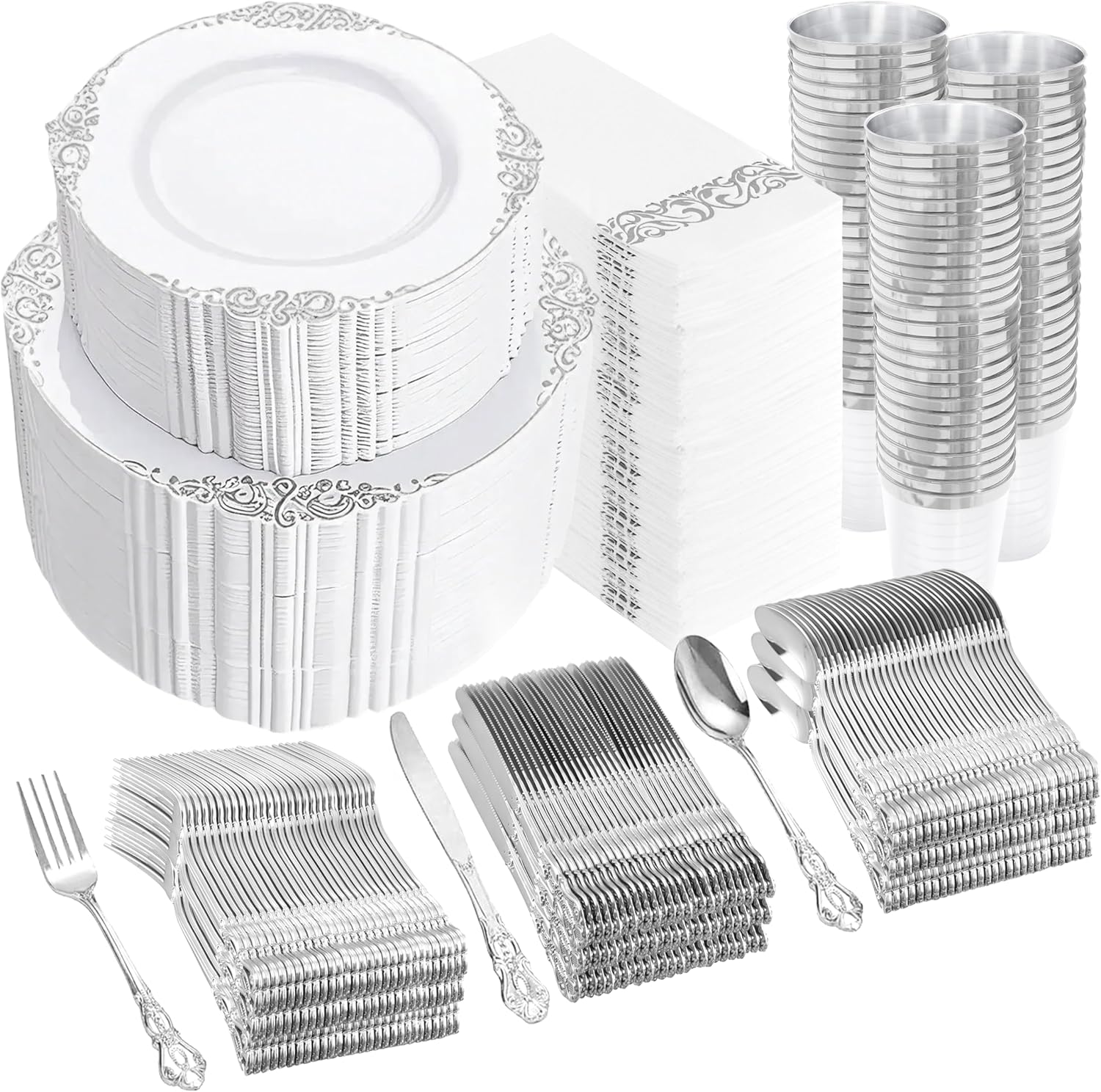 YOUBET 700PCS Silver Plastic Plates Set - 100 Person Wedding Party Disposable Tableware