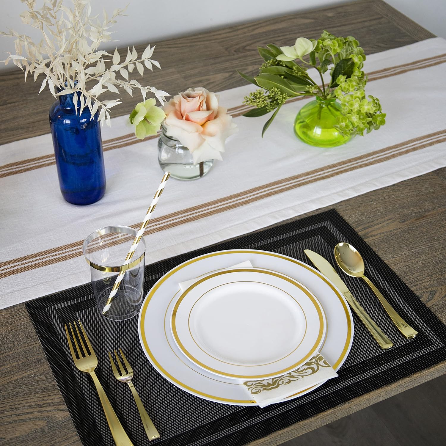 Neatiffy 225 Pcs Gold Rim Plastic Dinnerware Set For 25 Guests