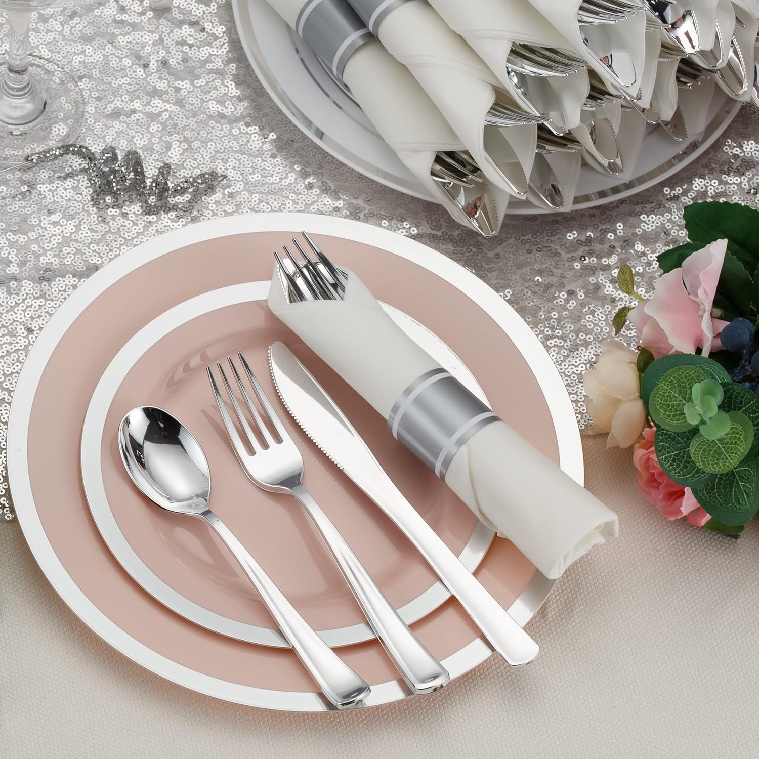 50 Pack Silverware Set with Napkins for Parties