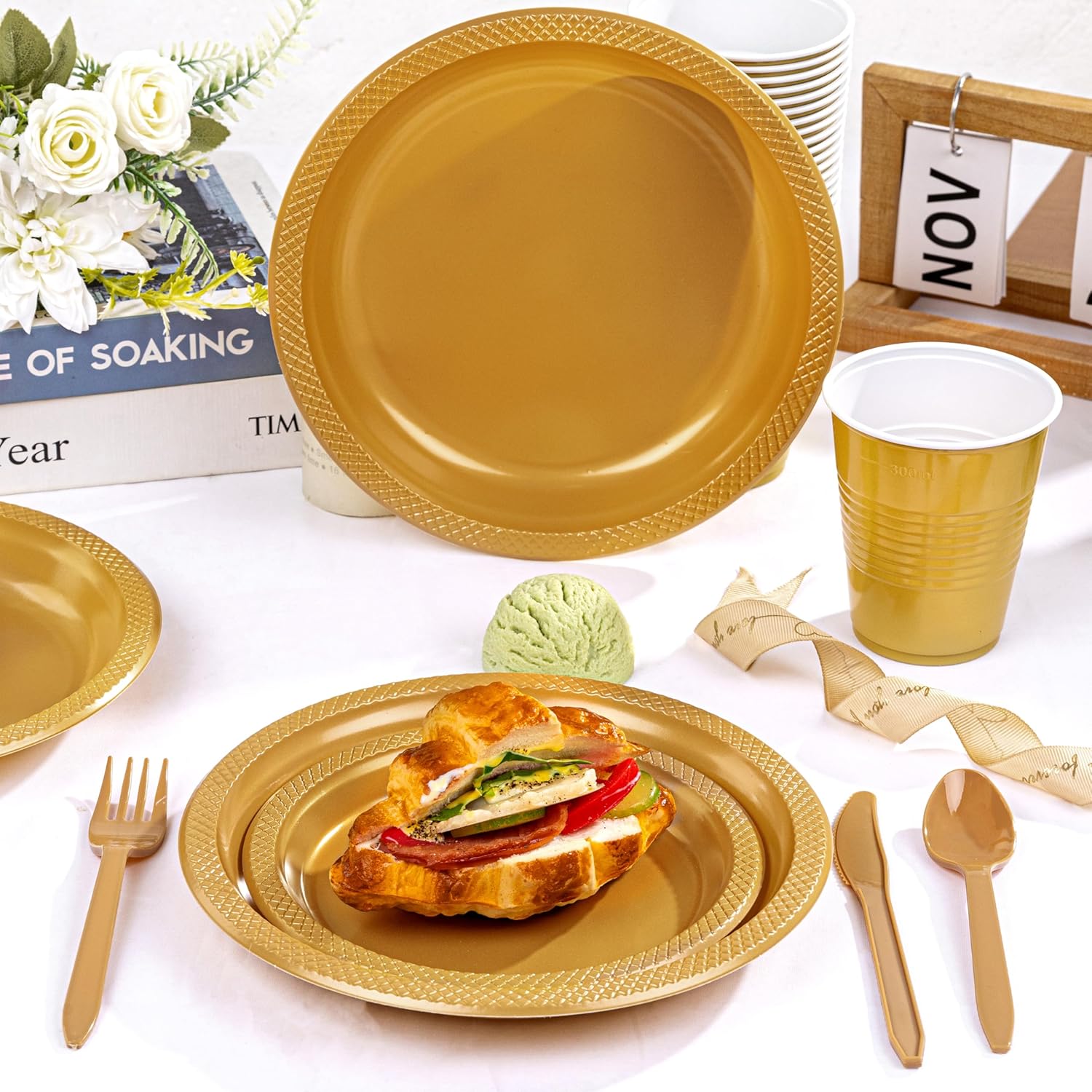 WELLIFE 210Pcs Gold Plastic Plates Dinnerware Set for Parties