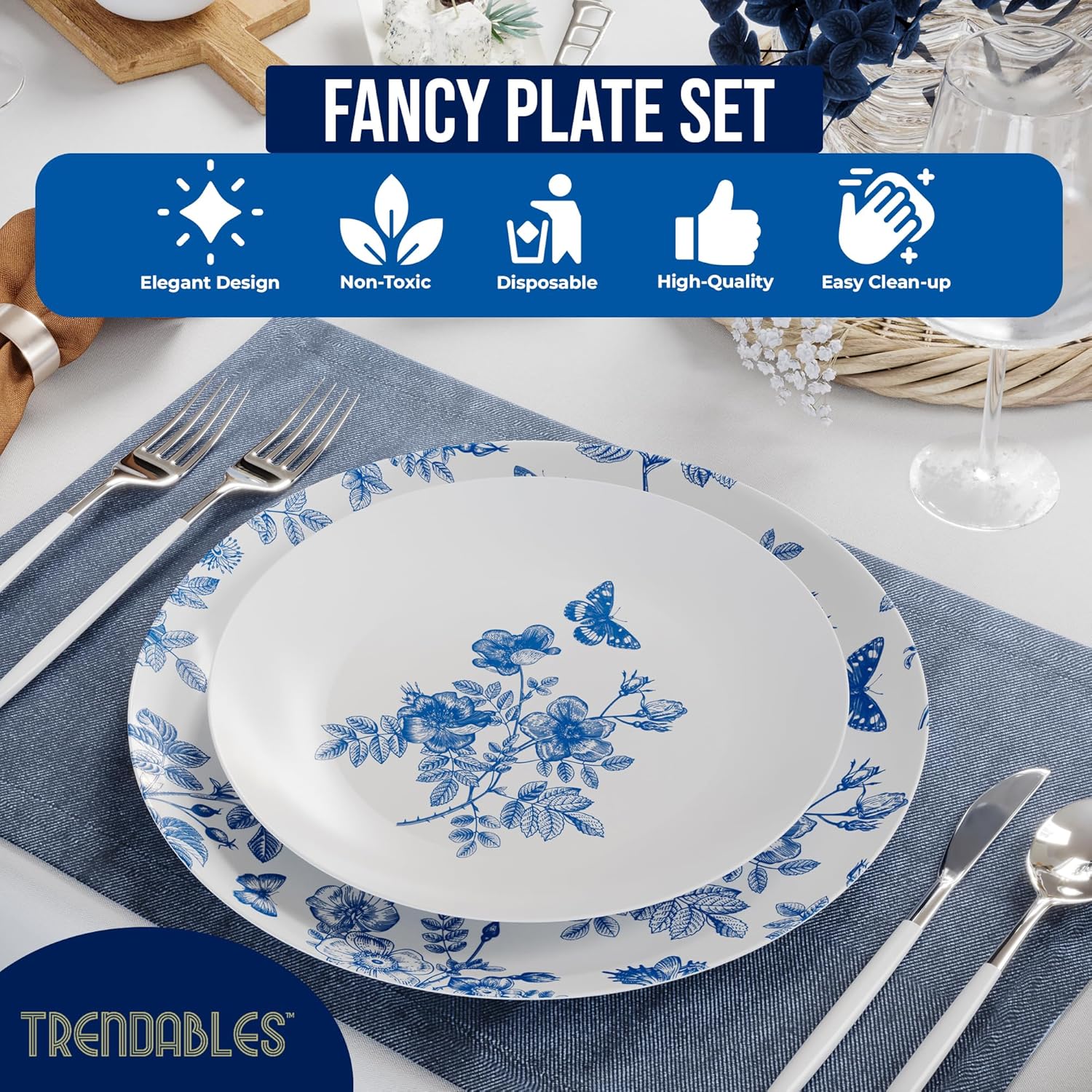Trendables Blue Floral Plastic Plates 40 Pcs Set