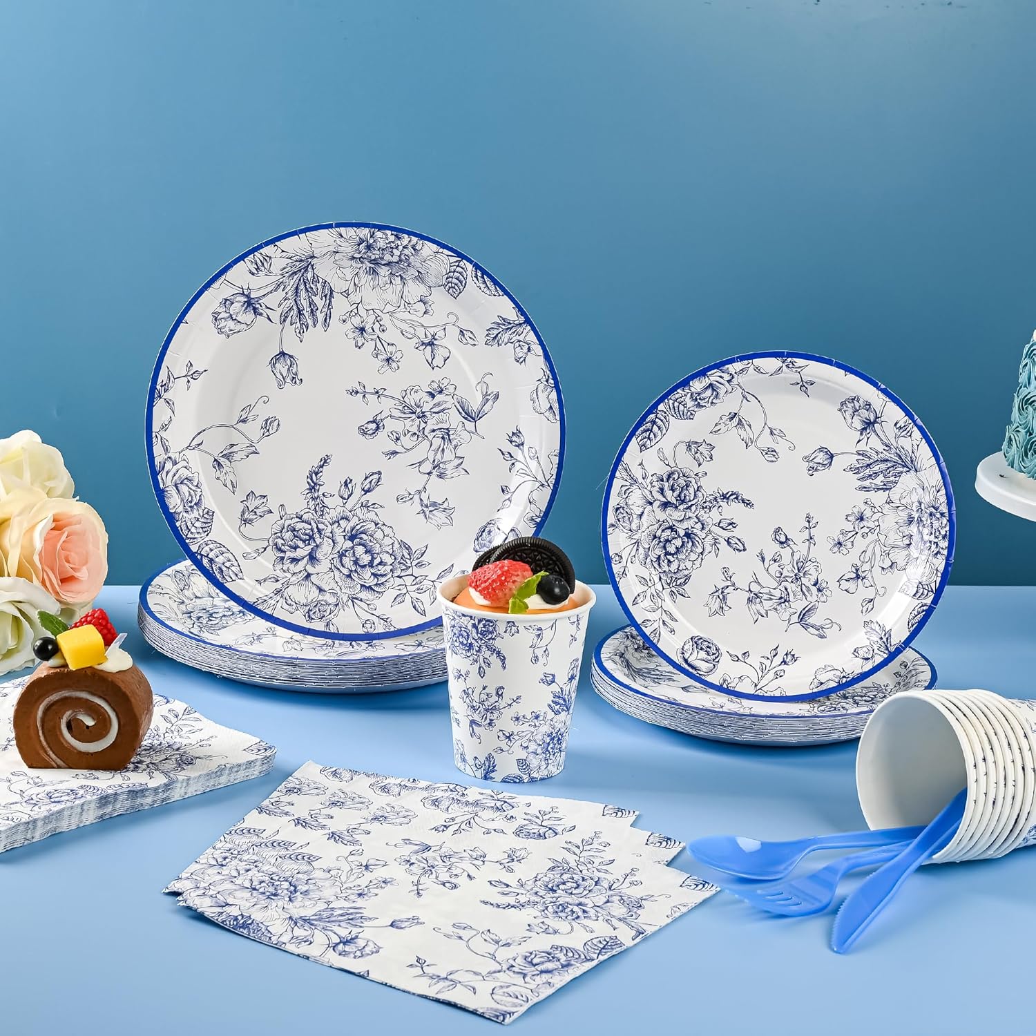 175Pcs Blue Floral Paper Plates and Napkins Party Set