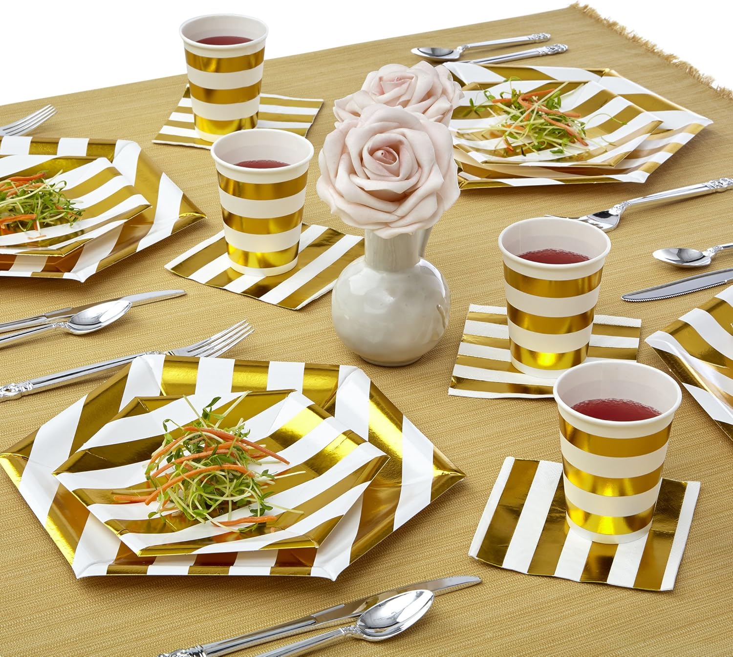 Silver Spoons Disposable Dinnerware Set Stripe Collection 18 Servings White Gold