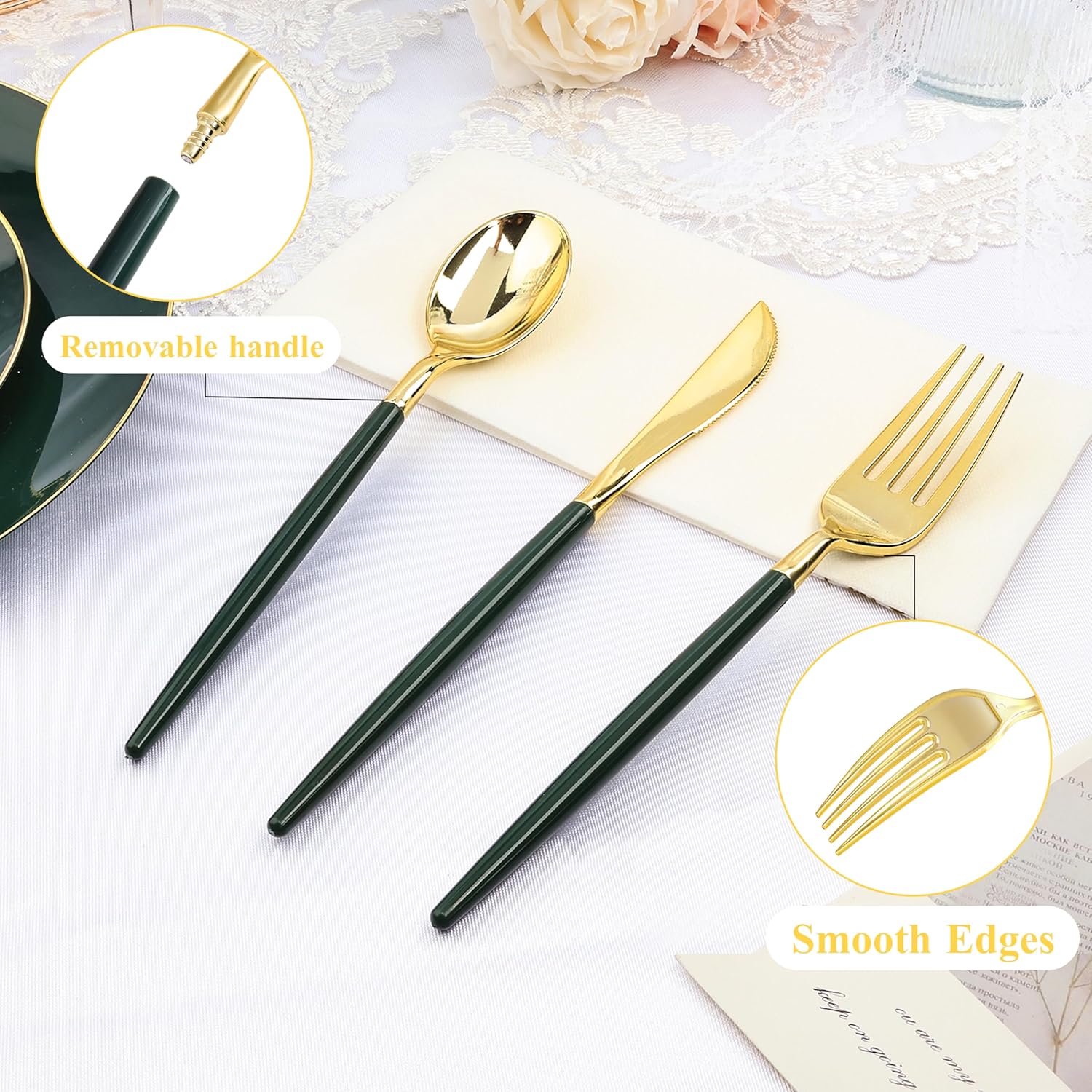 150 pcs Green Gold Plastic Utensils for 50 Guests