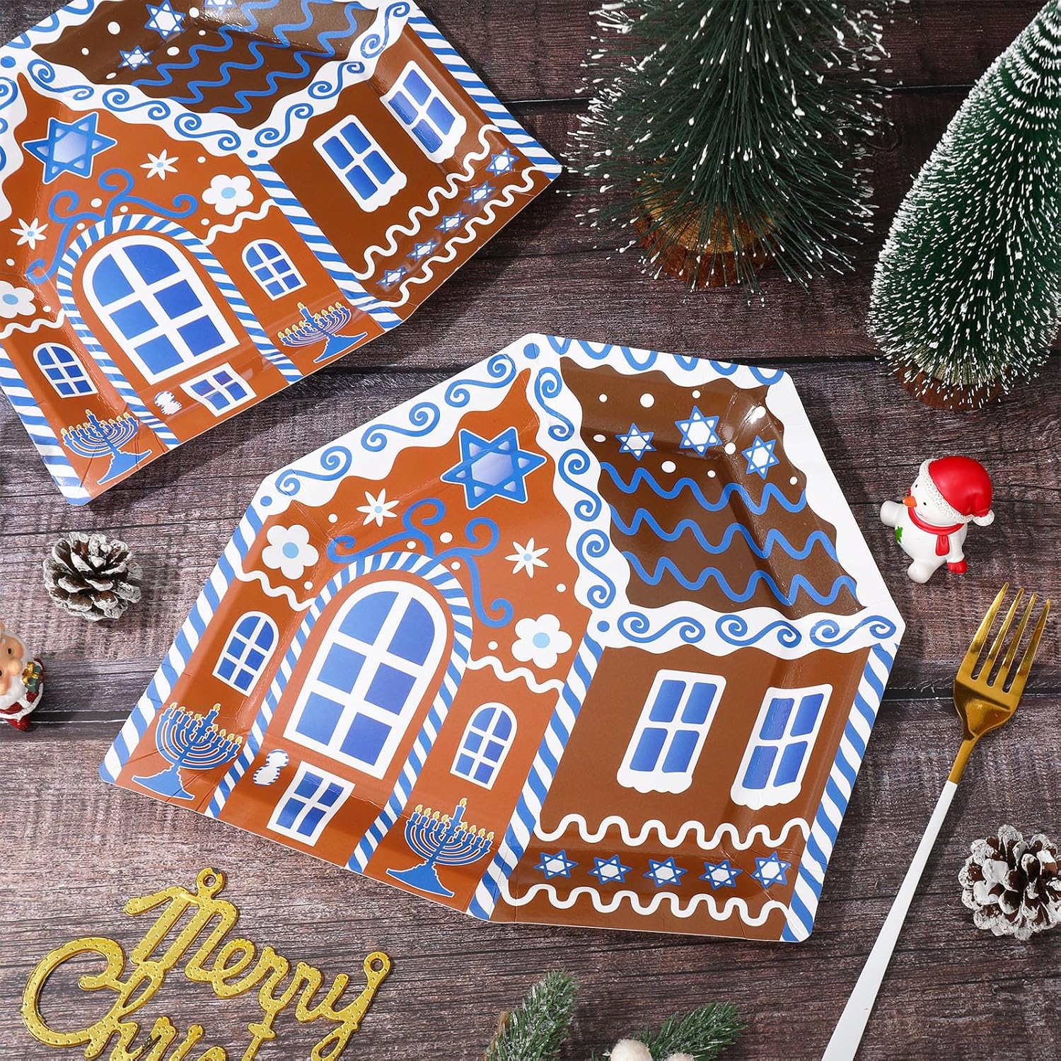 Whaline 24Pcs Hanukkah Paper Plates with Gingerbread House Design