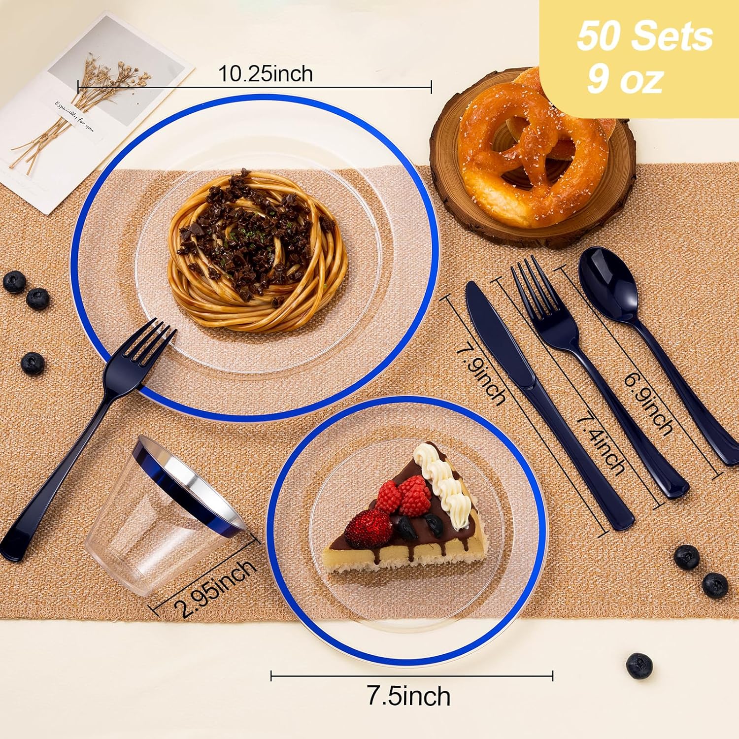 350PCS Blue and Clear Plastic Dinnerware Set for 50 Guests