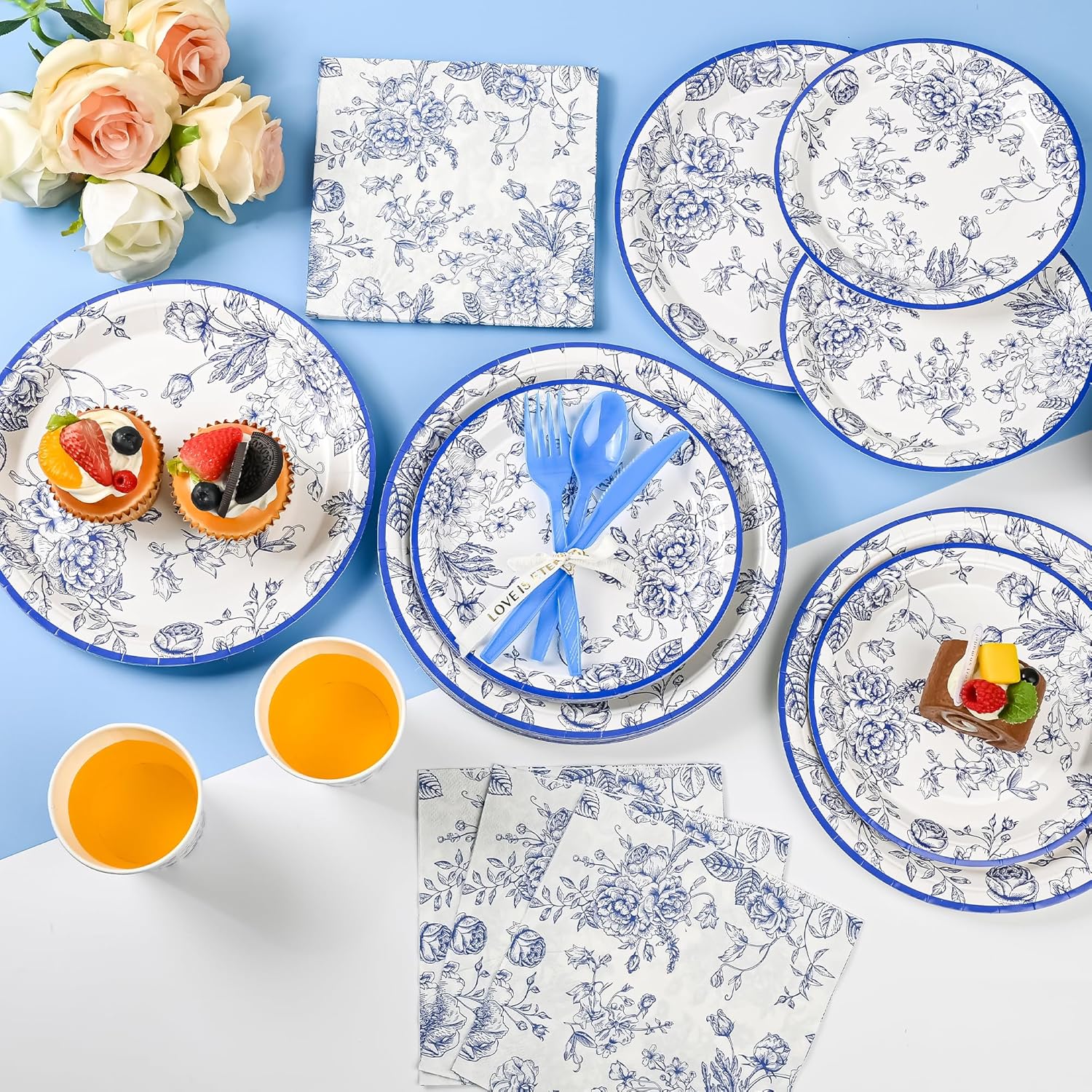 175Pcs Blue Floral Paper Plates and Napkins Party Set