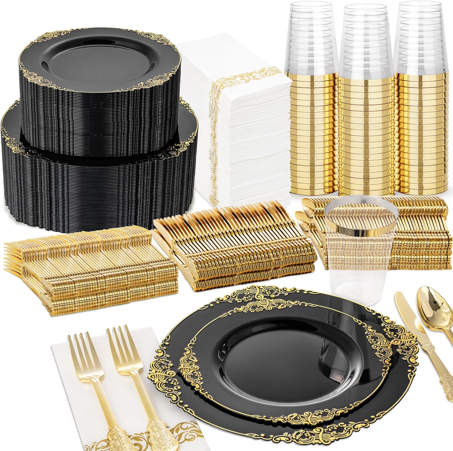 Nervure 350PCS Black Plastic Plates Set for 50 Guests
