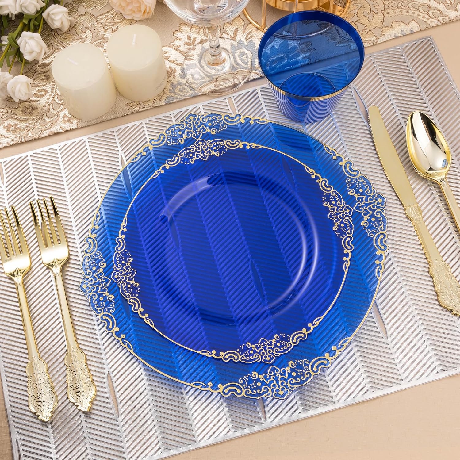 350PCS Clear Blue Plastic Plates with Gold Trim for 50 Guests