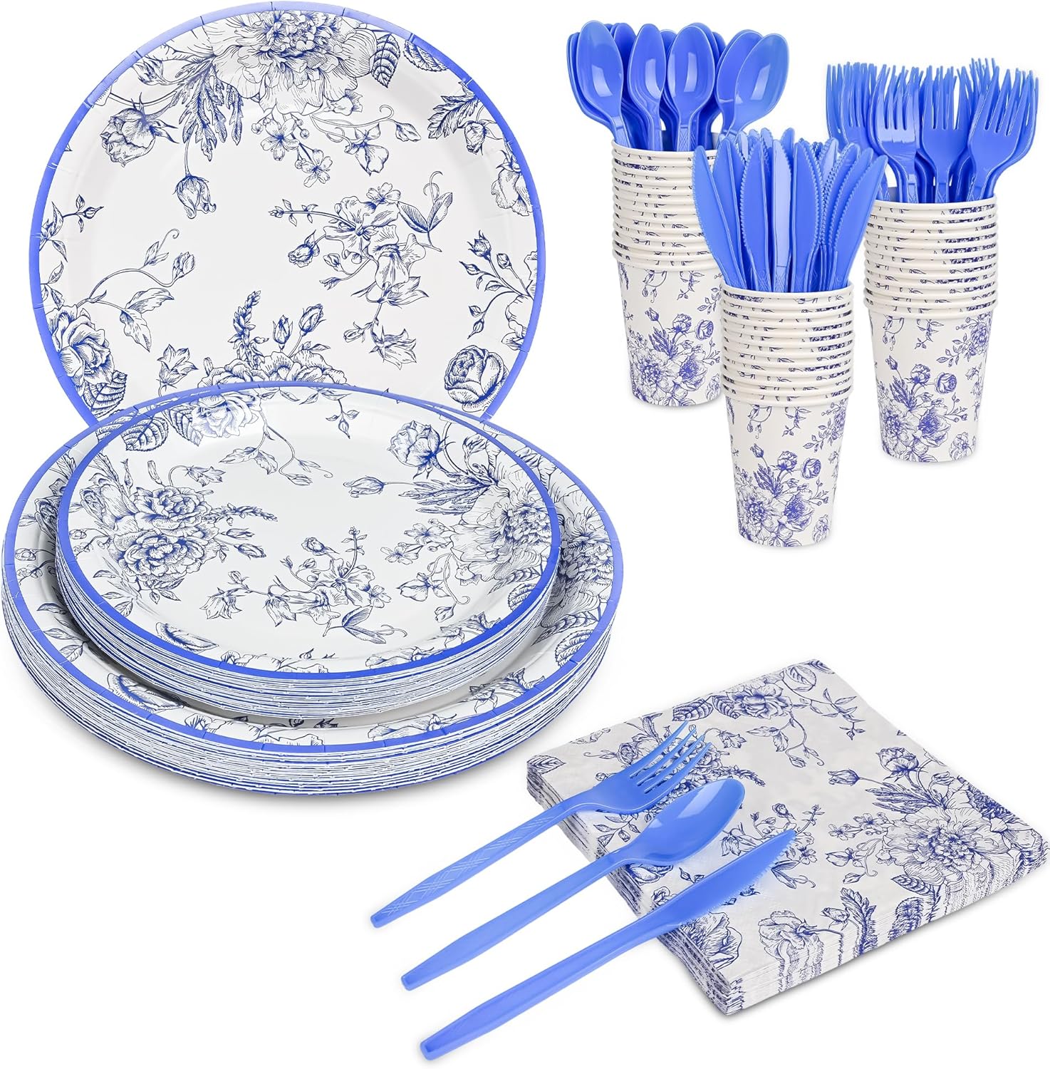 175Pcs Blue Floral Paper Plates and Napkins Party Set