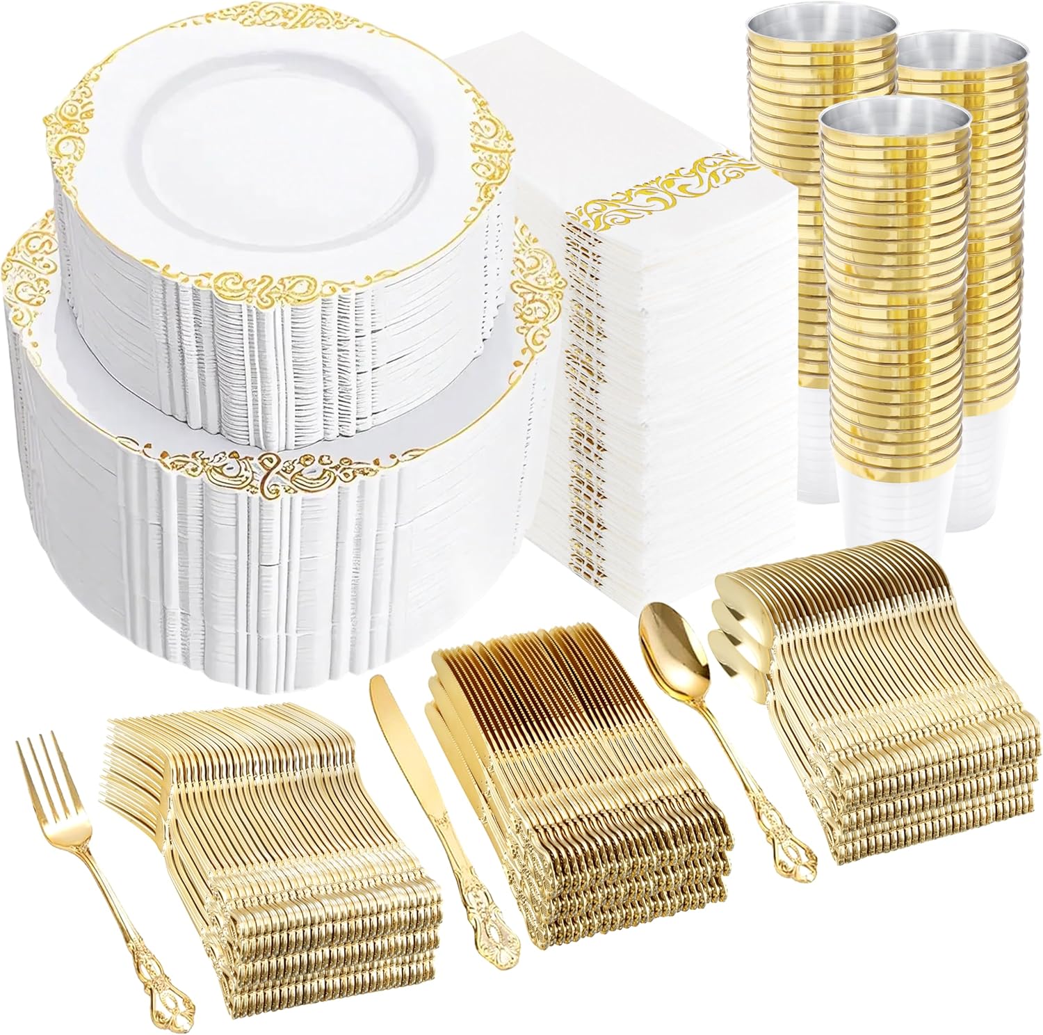 YOUBET 700PCS Gold Plastic Dinnerware Set for 100 Guests Wedding Party Graduation