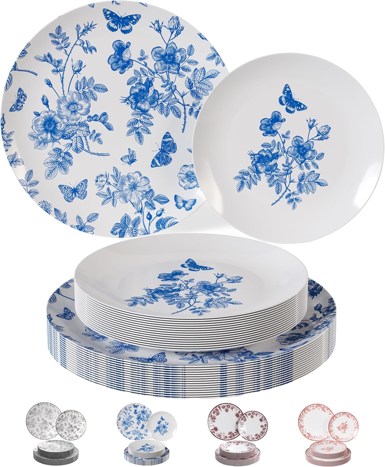 Trendables Blue Floral Plastic Plates 40 Pcs Set