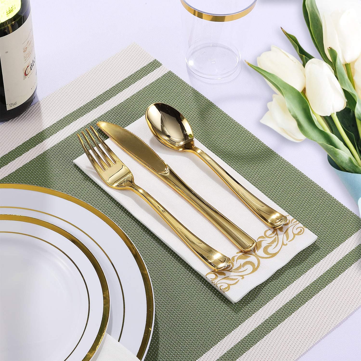FOCUSLINE 25 Piece Gold Rimmed Disposable Plate Set for 25 Guests