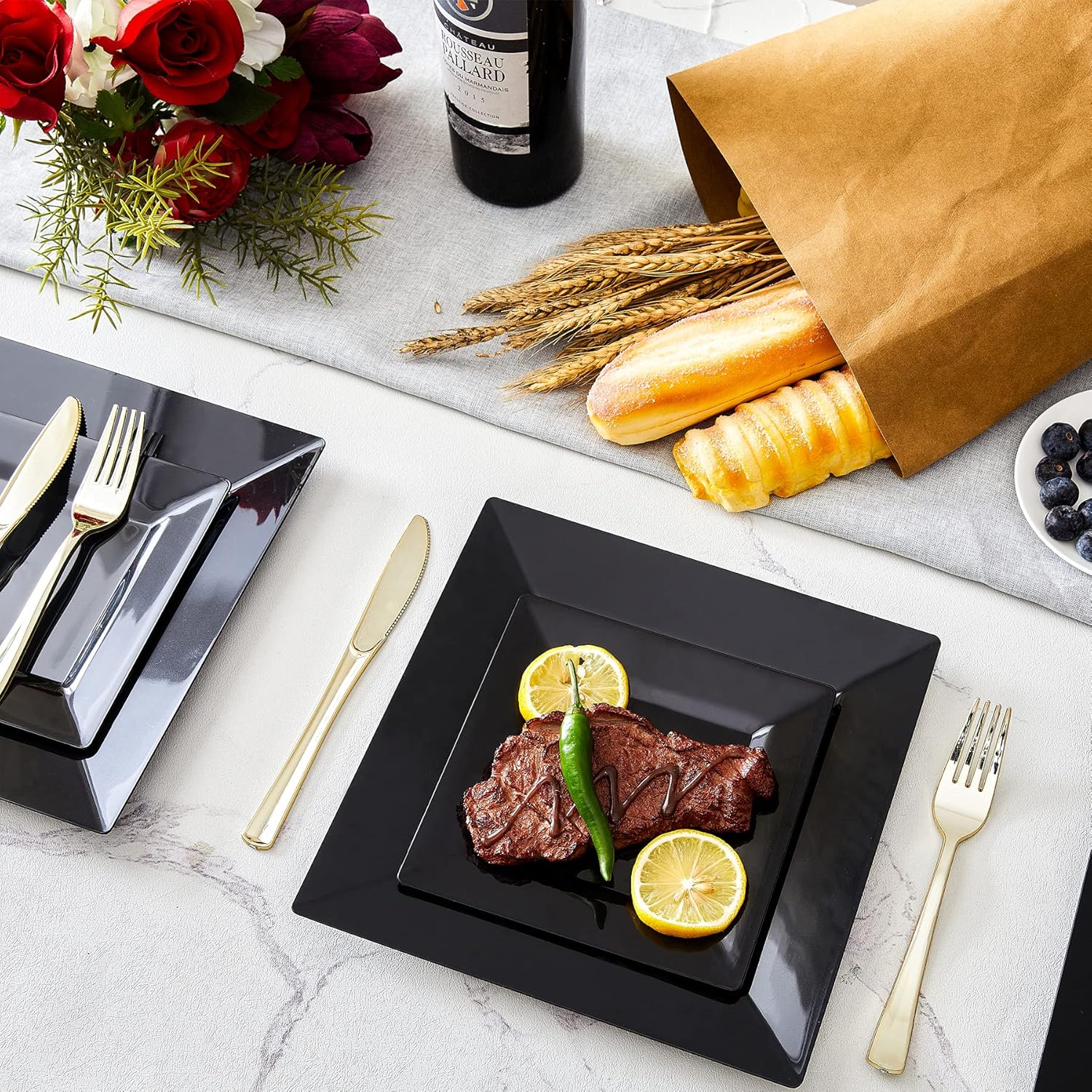 N9R 60PCS Black Plastic Square Plates for Parties and Events