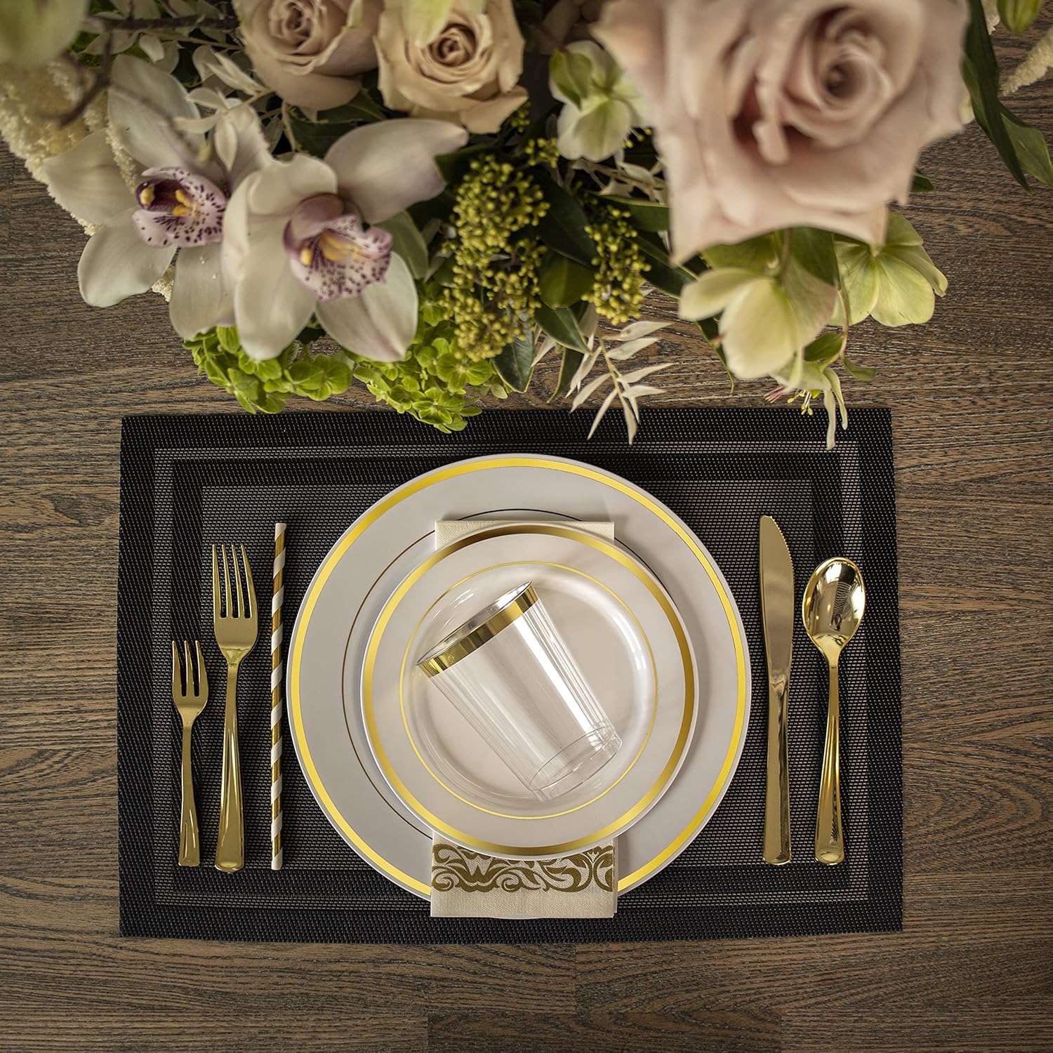 Neatiffy 225 Pcs Gold Rim Plastic Dinnerware Set For 25 Guests