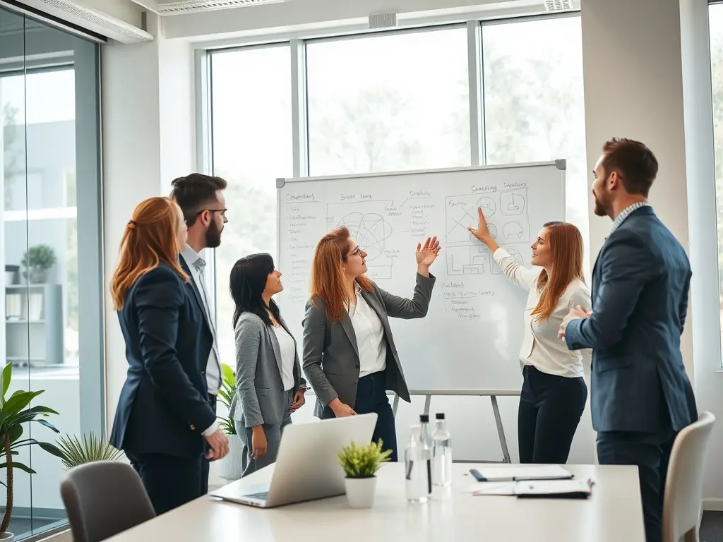 An image showcasing a team of consultants collaborating with a client on a digital transformation strategy, using digital devices and whiteboards to map out a new business process.