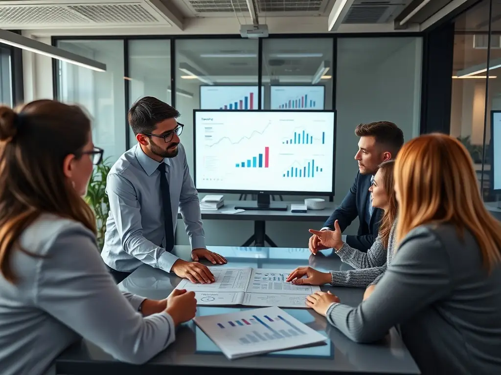 A team of consultants is collaborating on a strategic plan in a boardroom, using charts and graphs to analyze market trends and opportunities.
