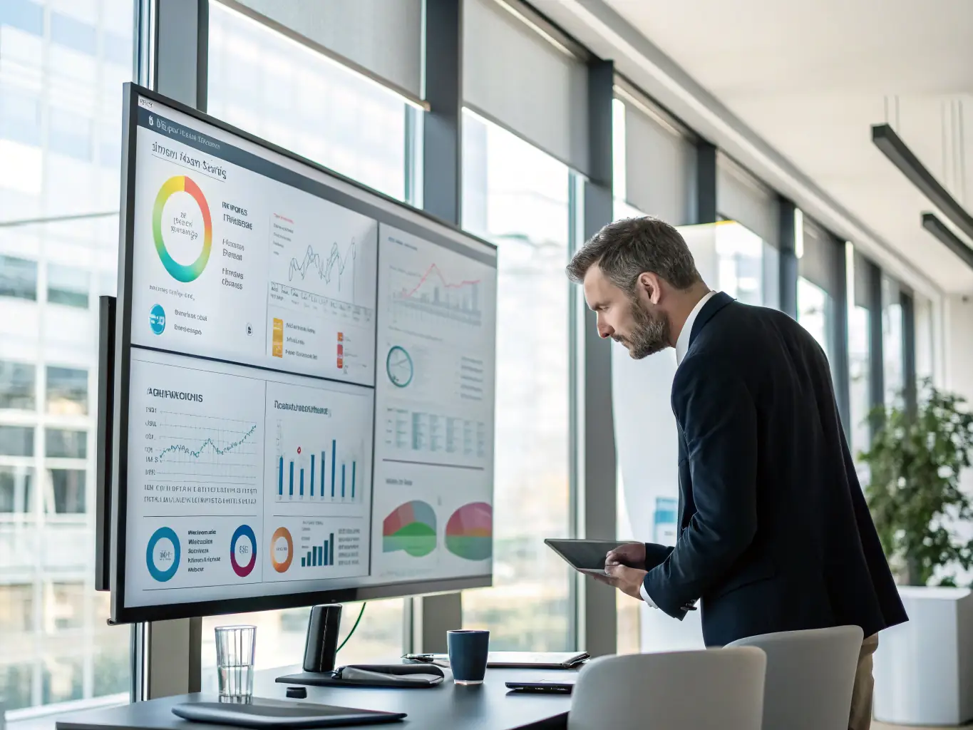 An operations manager is reviewing efficiency metrics on a dashboard, highlighting improvements in productivity and cost reduction.