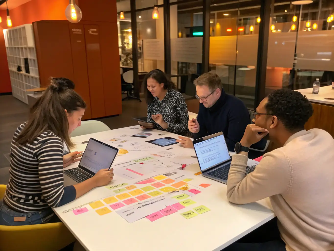 An image depicting a strategic planning session with diverse team members brainstorming ideas around a conference table, with charts and graphs displayed on a screen.