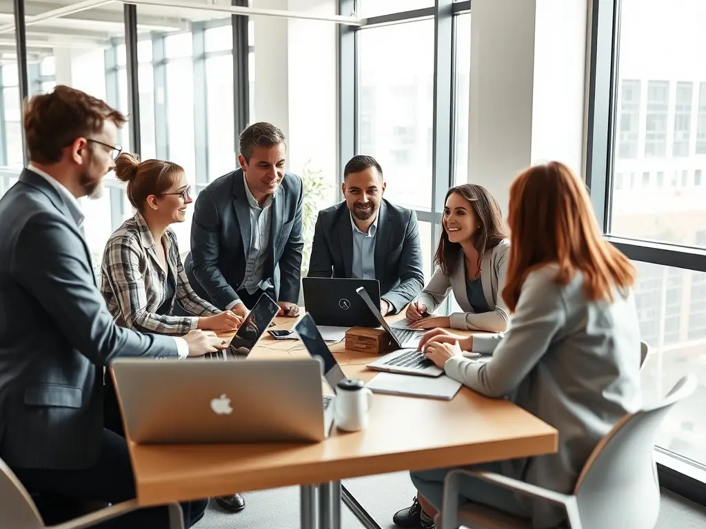 An image showcasing a team of consultants collaborating with a client on a digital transformation strategy, using tablets and interactive whiteboards in a modern office setting.