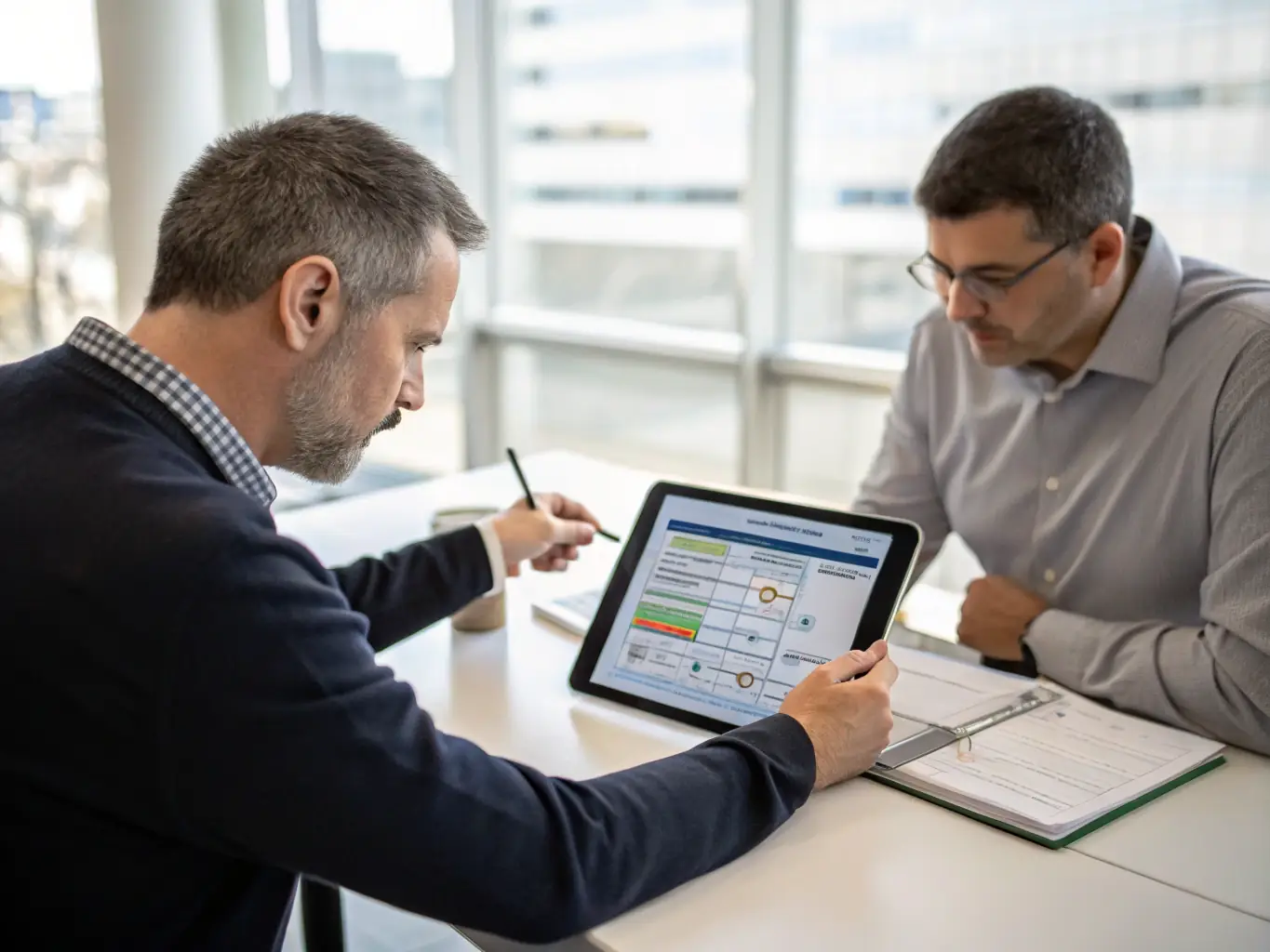 An image illustrating a consultant analyzing workflow processes with a client in an office setting, using a tablet to review data and identify areas for improvement.
