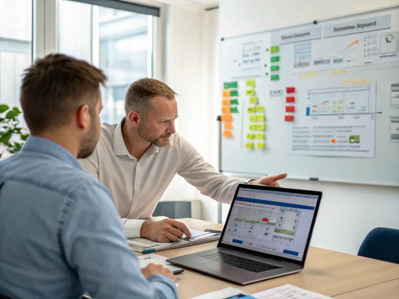 An image illustrating a consultant analyzing workflow processes with a client, using a flowchart and data analytics tools to identify areas for improvement.