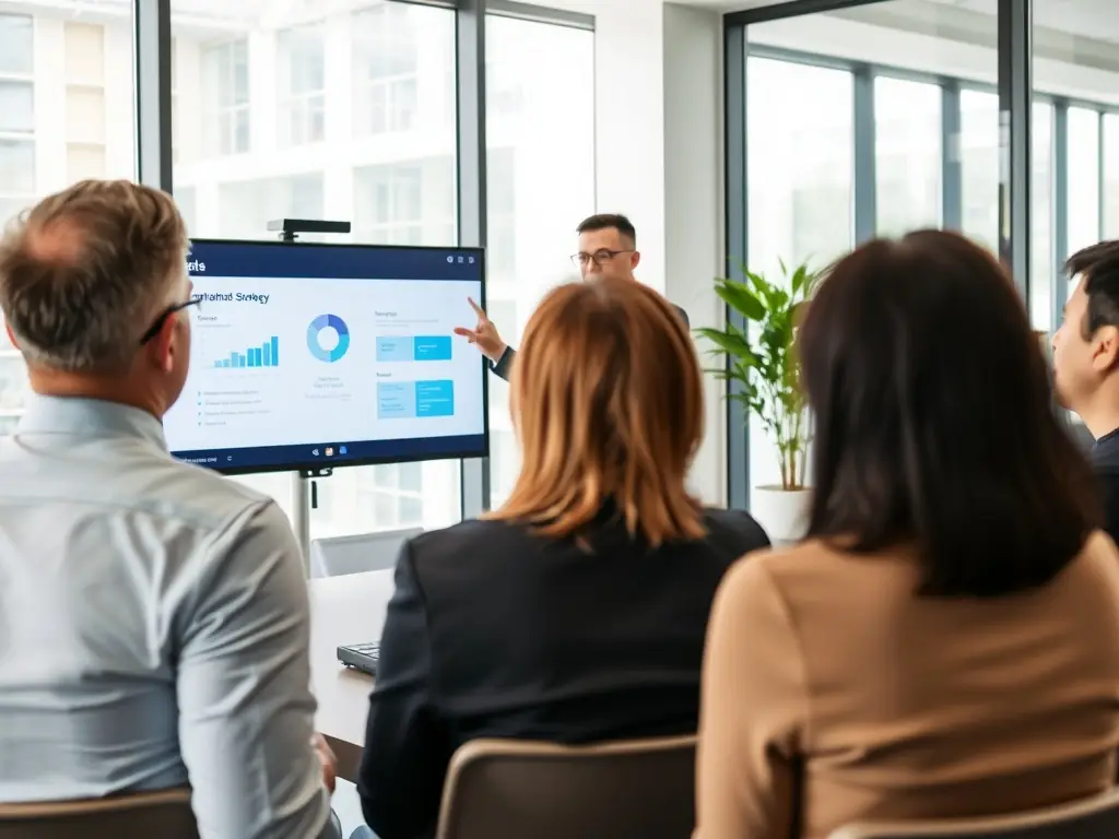 A consultant is presenting a digital transformation strategy on a tablet to a team in a modern office setting, emphasizing the integration of new technologies.